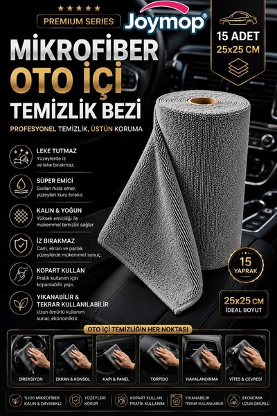 JOYMOP 15 Yaprak Mikrofiber Oto İç Dış Temizlik Bezi Rulo 25x25 cm – Torpido,...