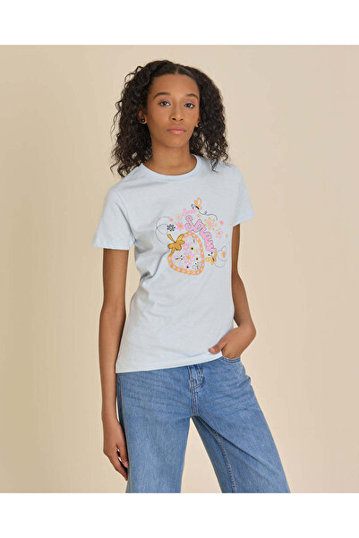REDTAG Senior Girls Blue Printed Basic T-shirt
