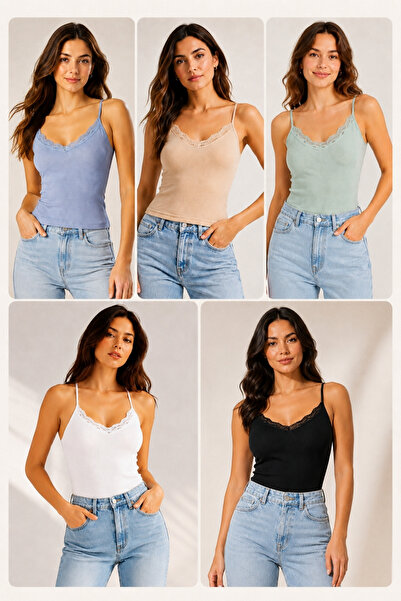 fevien 5-Pack Women's Cotton Thin Strap Lace Detailed Crew Neck Ribbed Flexib...