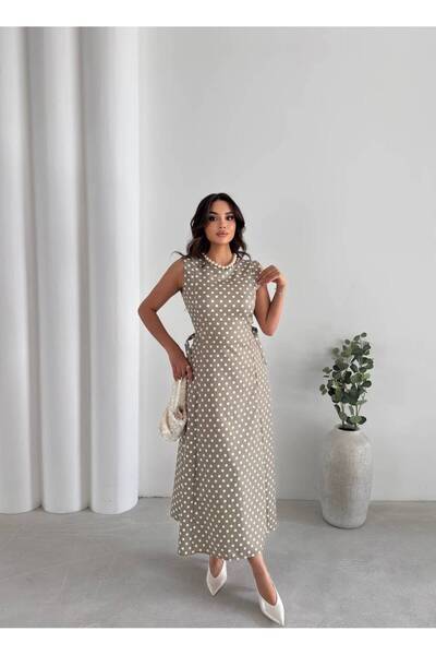 candybia Women's Polka Dot Belt Detailed Zero-Sleeve Midi Dress