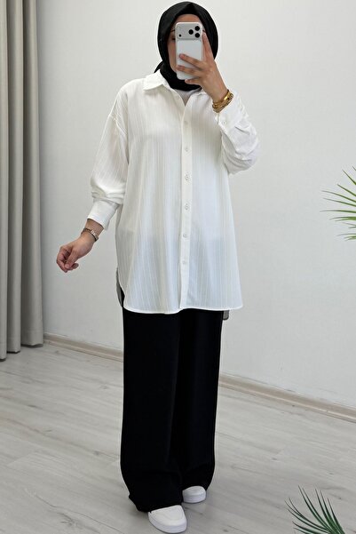 T Moda Store İkoll Basic Oversize Striped Shirt (Suitable for Sizes 38-46)