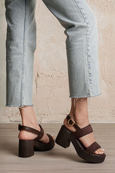 MANURAZ Mila Women's Brown Suede High-Heeled Sandals Single Strap Buckle Deta...