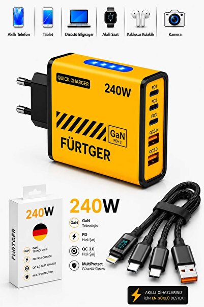 Fürtger 3 Type-C + 2 Usb-A Toplam 5 Çıkışlı + 20W Şarj Aleti + 4 Başlıklı Şar...