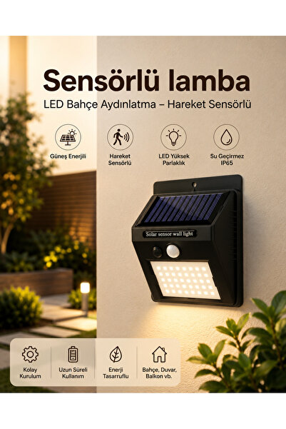 Lisinya Sensörlü, Güneş Enerjili LED Duvar Lambası Bahçe ve Balkon Aydınlatma -