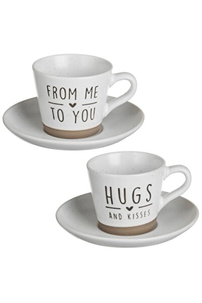 OEM Set de 2 Căni Ceramice Maro Ecru cu Farfurioară și Mesaje 250ml
