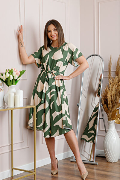 OEM Rochie dama kaki Avery cu imprimeu abstract si cordon in talie