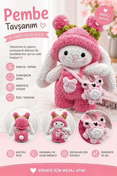 EL İŞİ Premium El Örgüsü Sevimli Pembe Tavşan – Kadife Dokulu Amigurumi Bebek...