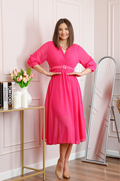 OEM Rochie fuchsia cu bust petrecut si curea in talie