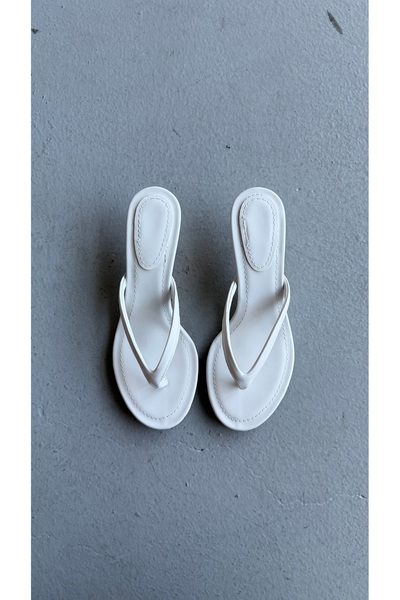Eataly Shoes Arel White Wrinkled Leather Flip-Flop Heeled Slippers