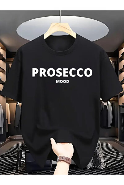 NOURAM تي شيرت رجالي من PROSECCO MOOD، قطن ناعم، أسود مع طباعة حروف بيضاء بار...
