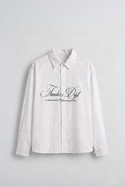 ablukaonline Men's Boxy Fit Letter Printed Striped Tencel Shirt White