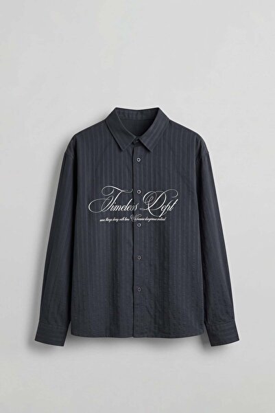 ablukaonline Men's Boxy Fit Letter Printed Striped Tencel Shirt Navy Blue