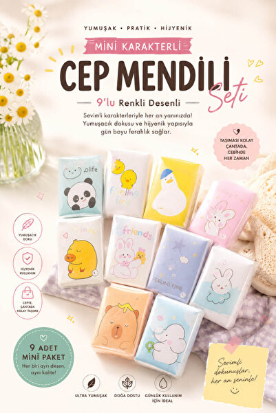 Anadolu Saray 9 Paket Mini Karakterli Cep Mendili Seti Renkli Desenli Yumuşak...