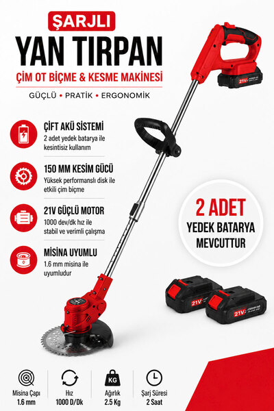 Badem10 Elektrikli Şarjlı Yan Tırpan Çim Ot Biçme Kesme Rodex RDX9022 Li-on Ç...