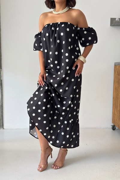 KENZA'A TRİKO Polka Dot Balloon Sleeve Strapless Dress