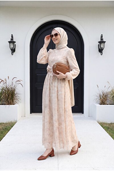 Modamorfo Belted Balloon Sleeve Lined Tulle Voile Dress -Beige