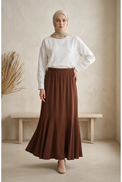 sefamerve Bürümcük Fabric Elastic Waist Gathered Skirt 0561-07 Brown