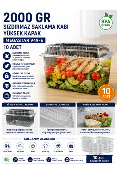 MegaStar 2000 ML CC Sızdırmaz Saklama Kabı 10 Adet Şeffaf Plastik Yüksek Kapa...