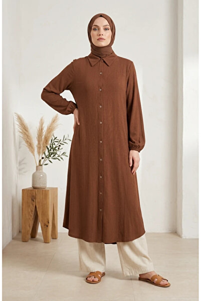 sefamerve Buttoned Striped Linen Tunic 0331-04 Brown