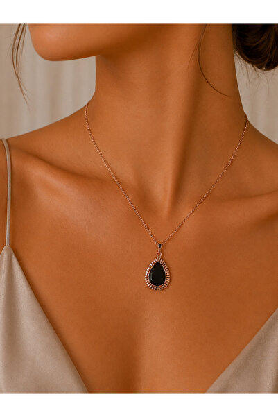 Bk Gift Rose Gold Color Black Drop Stone Women's Necklace Minimal Elegant Jew...