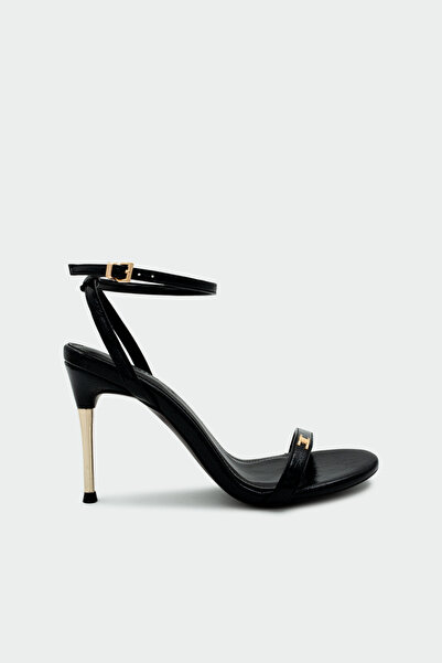 LAMİNTA Pegon Tek Bant Gold Accessory Women's Black Heeled Shoes