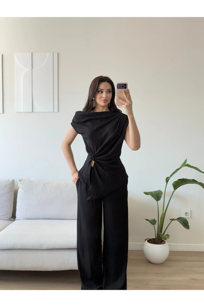 Zoom Butik Kayık Yaka Asimetrik Takım - SİYAH