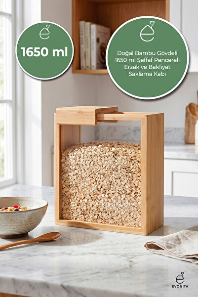 EVONİTA 1650 ML Bambu Kapaklı Erzak Kabı Bakliyat Saklama Kabı Mutfak Organiz...
