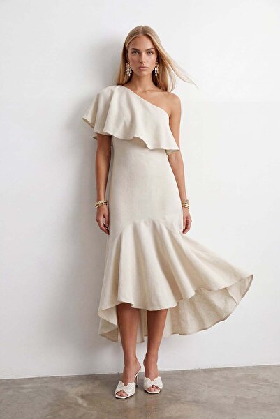 Trend Alaçatı Stili Women's Raw Linen Skirt and Dress with Flounces on the Sh...