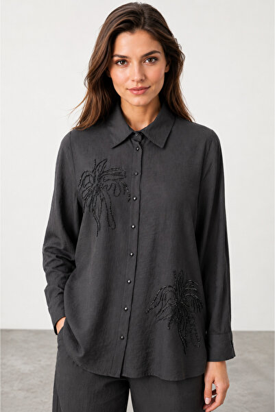 bihan store Women's Stone Embellished Long Sleeve Shirt - Y26-1198 - Black