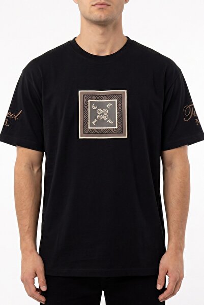 hadiora Men's Black Relaxed B-Neck Cotton T-Shirt with Front and Back Print