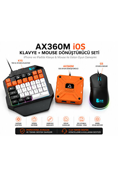 GetBlueTech AX360M + K15 Klavye + G5 Mouse iOS Mobil Oyun Seti | iPhone & iPa...