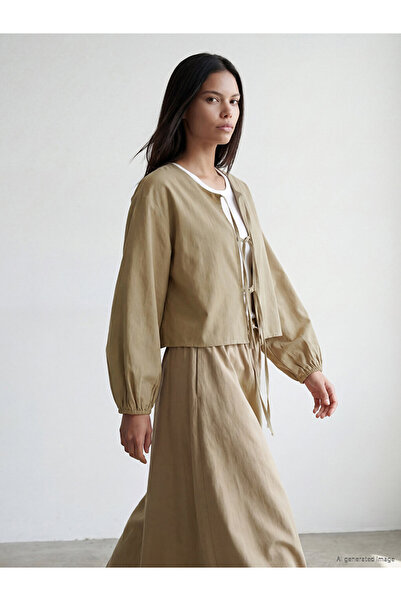 LC Waikiki Lcw Modest Beige Tie-Neck Balloon Sleeve Blouse