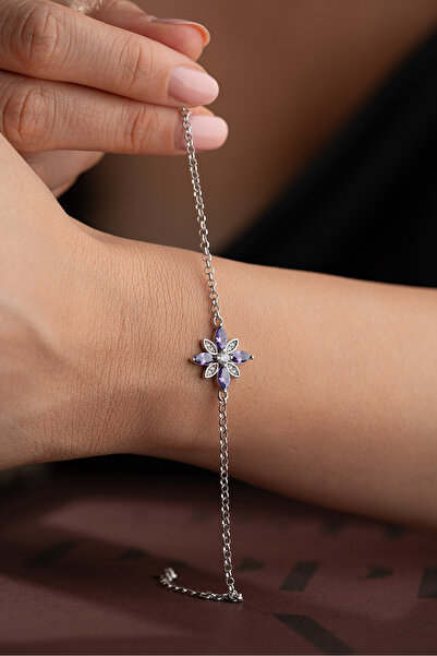 Silvano Jewelry 925 Ayar Gümüş Ametist Taşlı Çiçek Bileklik