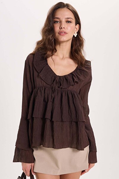 Tudors Women's Slim Fit Fitted V-Neck Ruffle Detailed Long Sleeve Brown Blouse