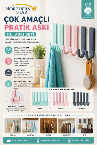 Northern Star 6 Adet Kapı Arkası Askılık Amerikan Kapı Arkası Banyo Mutfak As...