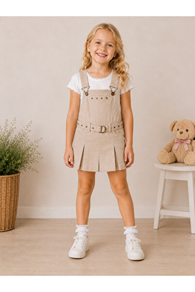 OVRCLUB Girl's Gabardine Salopet Dress with Belt Detail and Straps, Beige