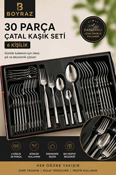 BOYRAZ 30 Parça Sade 6 Kişilik Çatal Kaşık Seti | Günlük Kullanıma Uygun Ekon...