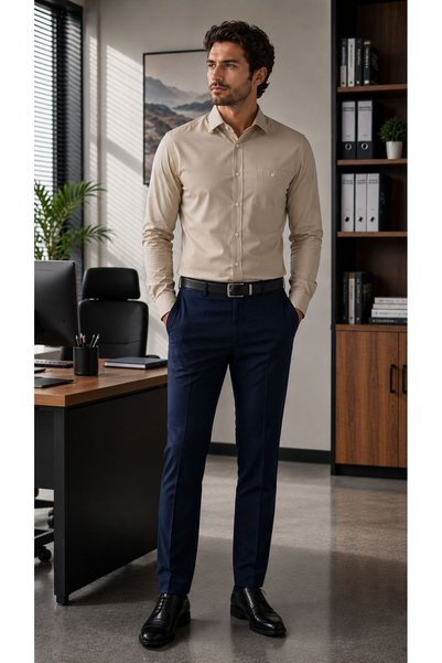 GÖMLEK GALERİSİ Men's Classic Wide Cut Plain Filafil Woven Long Sleeve Shirt