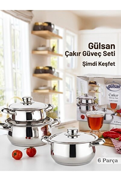 abnturk 6 Parça Paslanmaz Çelik Güveç Tencere Seti Çelik Kapaklı Derin Tencer...