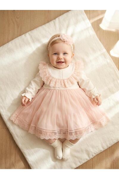 Miniday Baby Baby Girl Mevlütlük Dress with Bandana and Lace, Newborn Hospita...