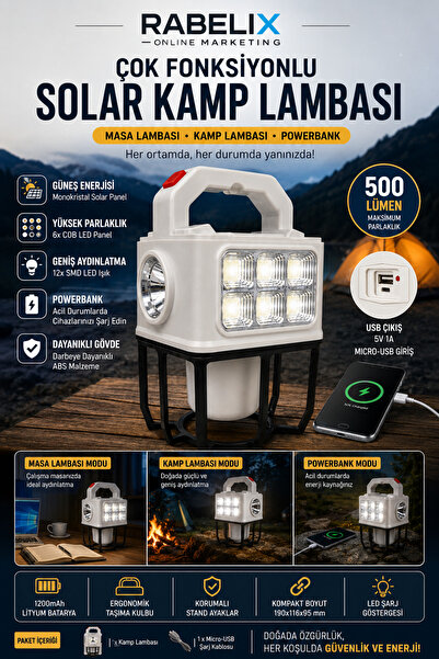 Rabelix Online Marketing Çok Fonksiyonlu Solar Kamp Lambası Powerbank Özellik...