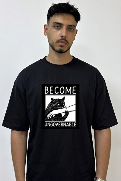 Anetos Ungovernable Cat Design Printed Oversize Black T-Shirt