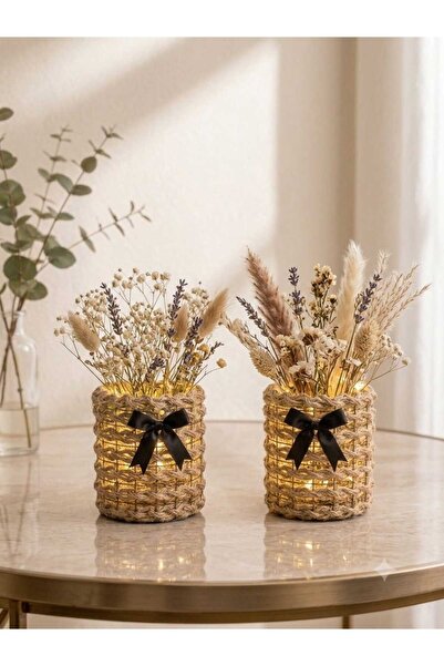 Egindra Wicker Weave Led Illuminated Mini Metal Wire Decorative Vase with Ribbon