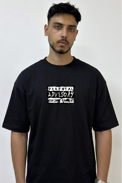 Anetos Parental Advisory Design Printed Oversize Black T-Shirt