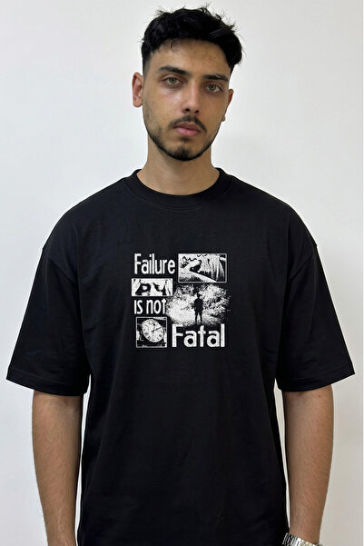 Anetos Failure Fatal Grunge Design Printed Oversize Black T-Shirt