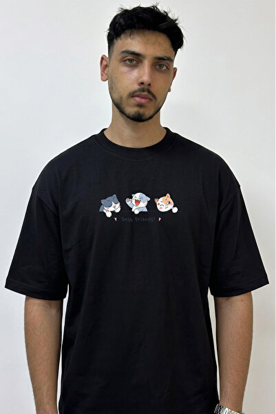 Anetos Cute Cats Design Printed Oversize Black T-Shirt