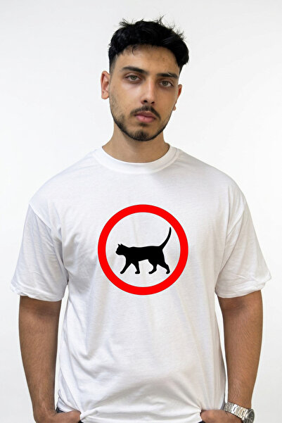 Anetos Cat Sign Design Printed Oversize White T-Shirt
