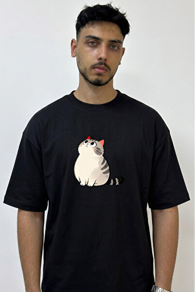 Anetos Cartoon Cat_2 Design Printed Oversize Black T-Shirt