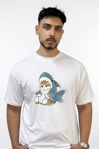 Anetos Kitten Shark Hoodie Design Printed Oversize White T-Shirt