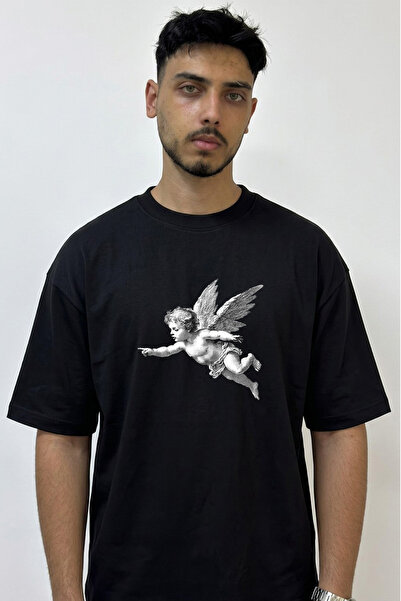 Anetos Winged Cherub Design Printed Oversize Black T-Shirt